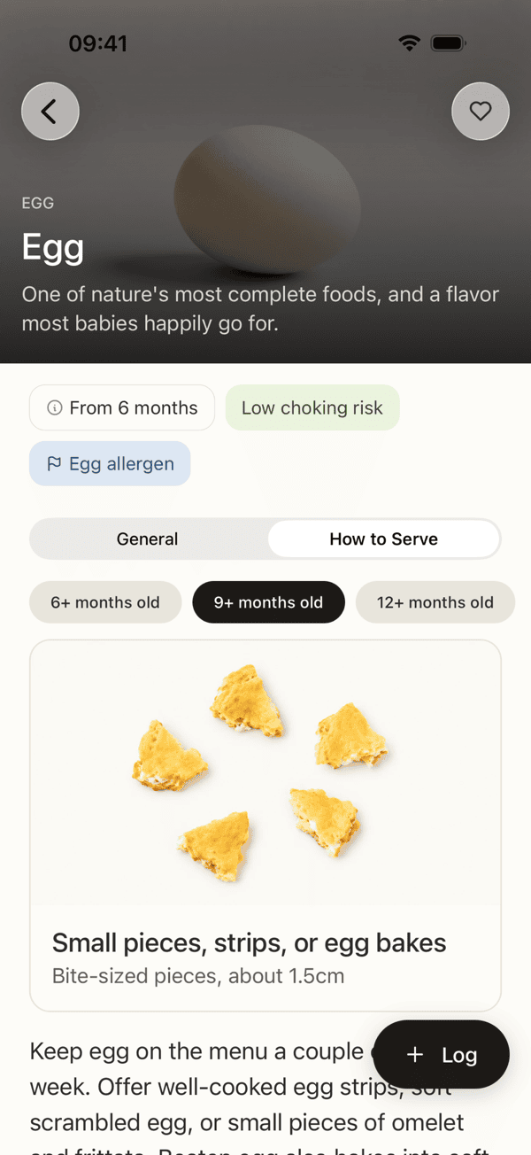 HeySolids food detail screen showing how to serve egg safely to a baby