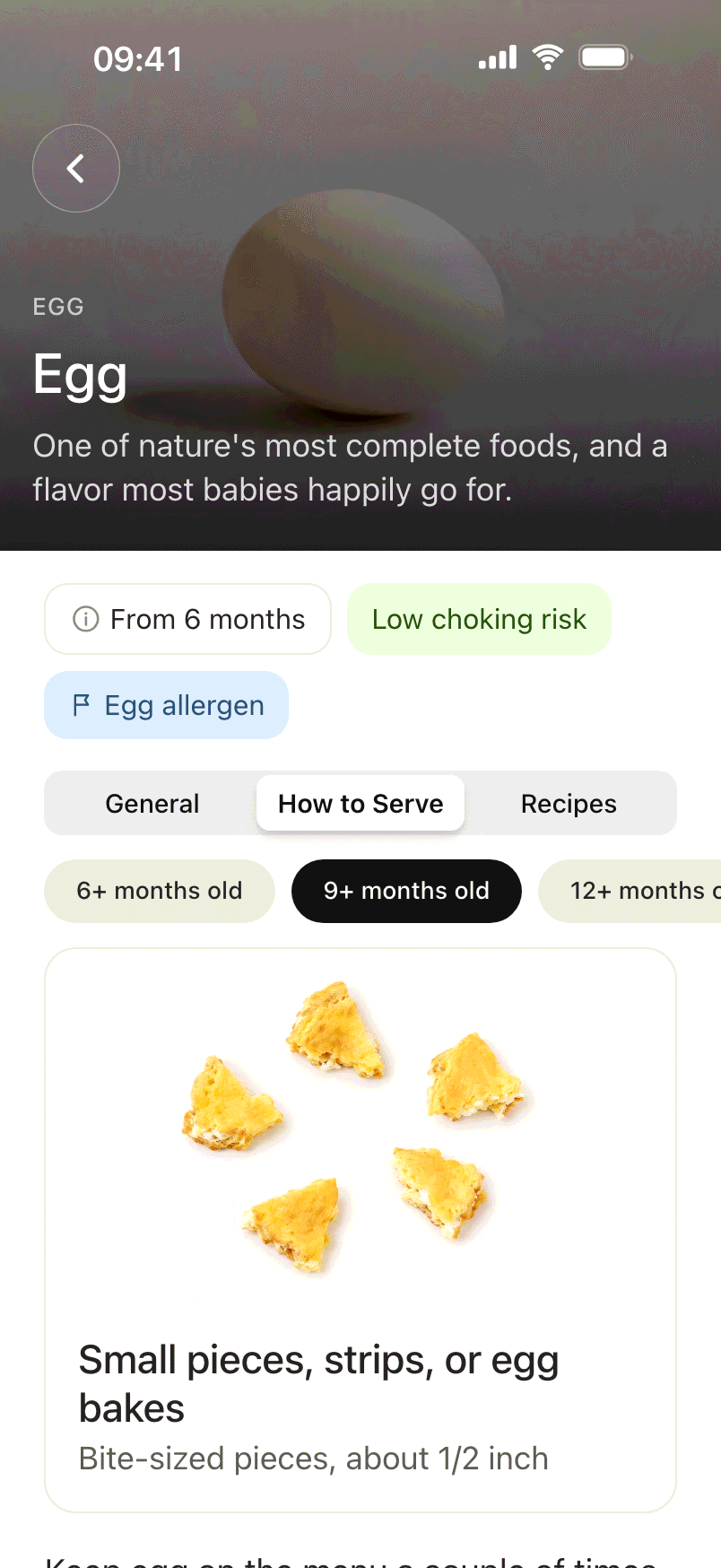 HeySolids food detail for egg showing how to serve it to a 9 month old baby