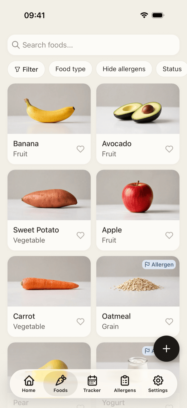 HeySolids food database with visual serving guides for 300+ foods