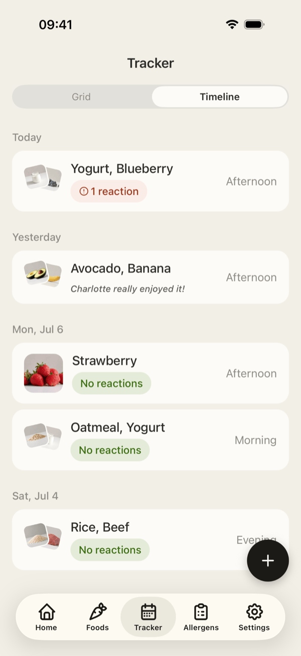 HeySolids food log timeline showing every food and reaction by date