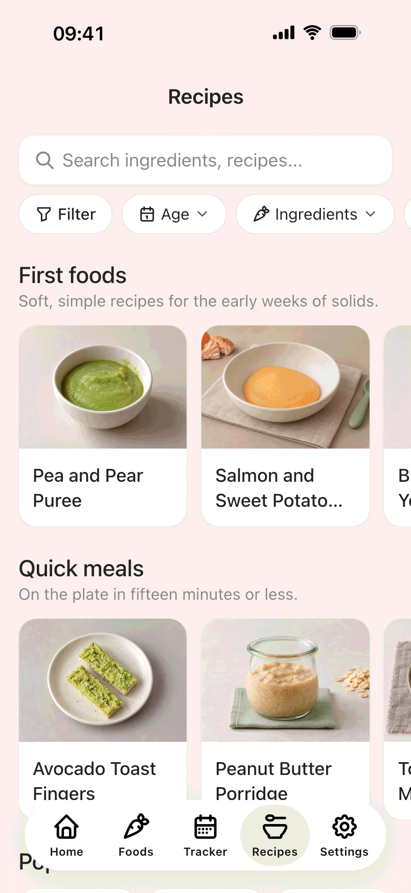 HeySolids recipes screen with baby-friendly recipes filtered by age, ingredients and meal type