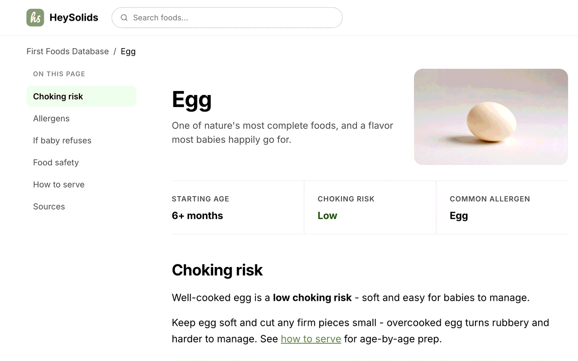 The egg page of the First Foods Database with starting age, choking risk and allergen information