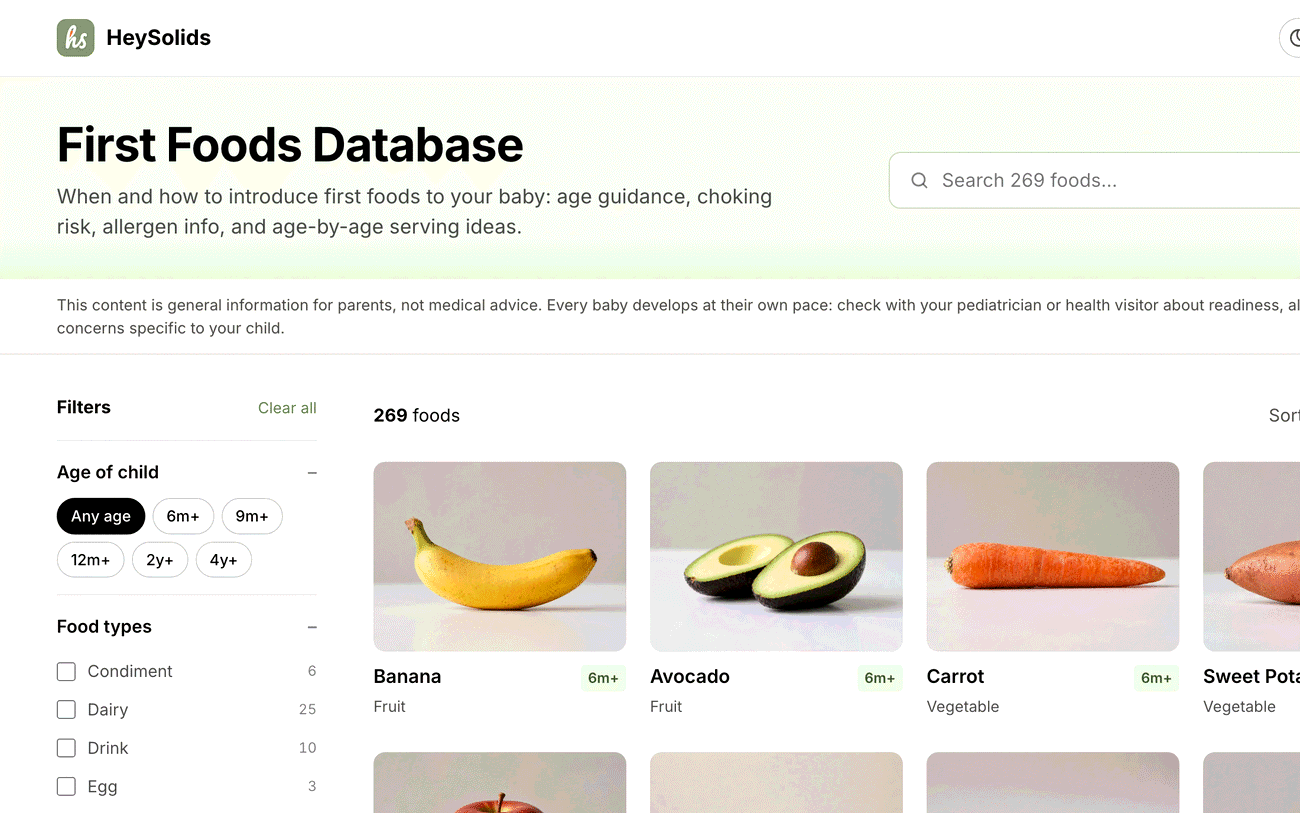 The First Foods Database on heysolids.com: search, filters and a grid of first foods with starting ages